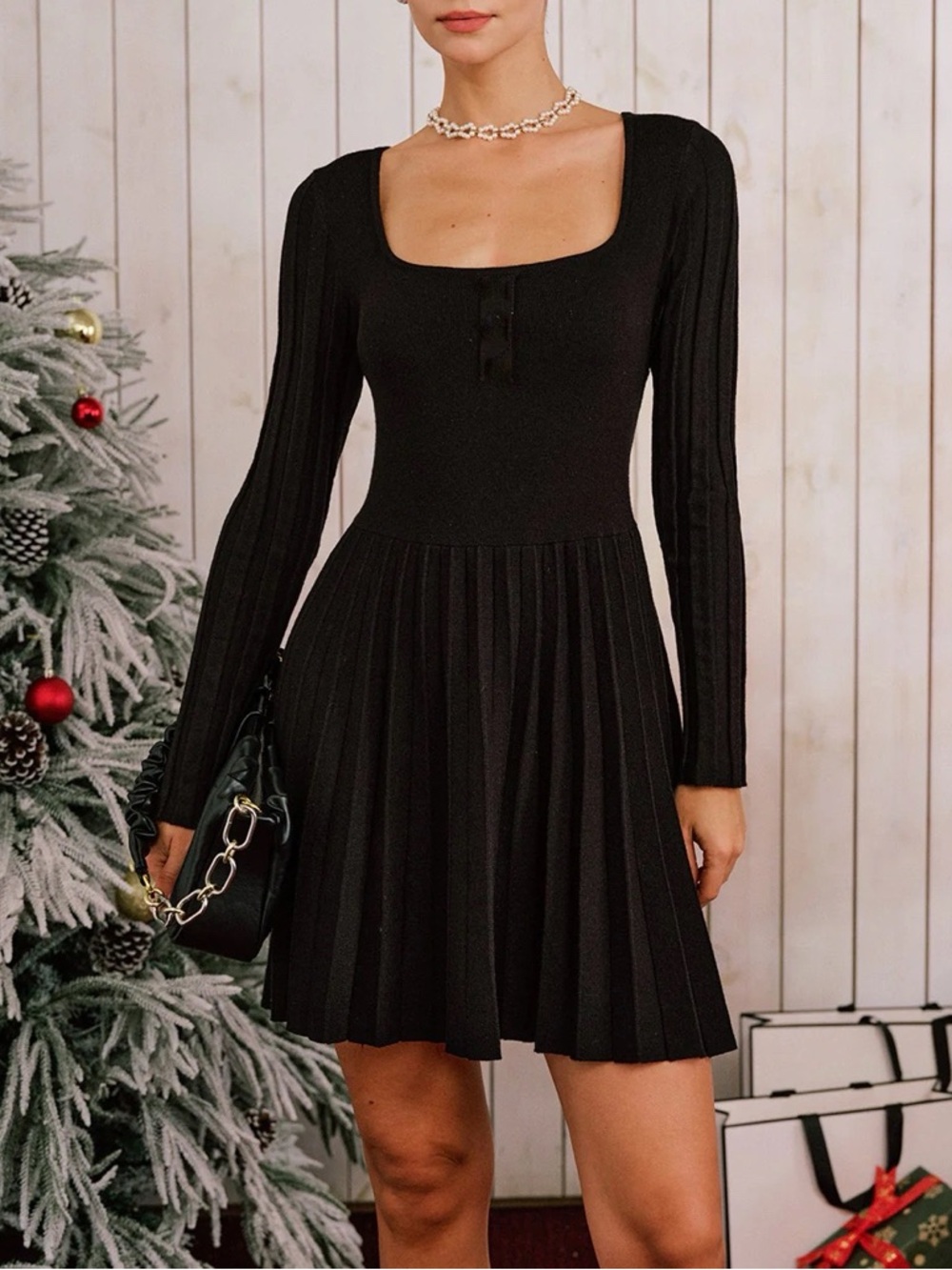 Black Square Neck Sweater Dress Long-Sleeve Pleated